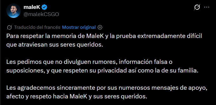 Captura del mensaje en la cuenta de X de maleK: pide respetar su memoria, no difundir rumores ni suposiciones y respetar la intimidad de su familia, y agradece los mensajes de apoyo