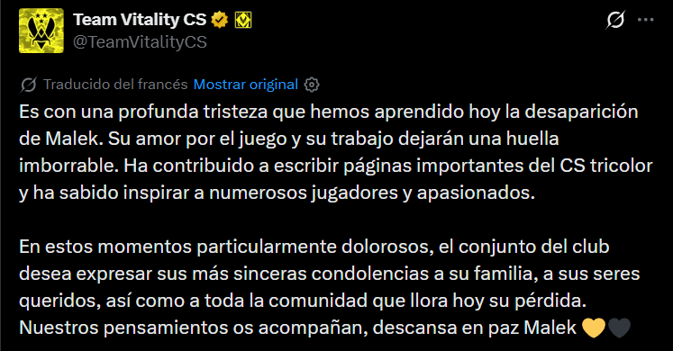 Captura del mensaje de Team Vitality CS: lamenta la muerte de Malek, destaca su amor por el juego y su huella en el CS francés, y da el pésame a su familia y a la comunidad