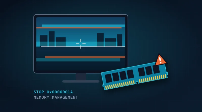 Ilustración de un monitor con una partida congelada y un módulo de memoria RAM con una señal de aviso