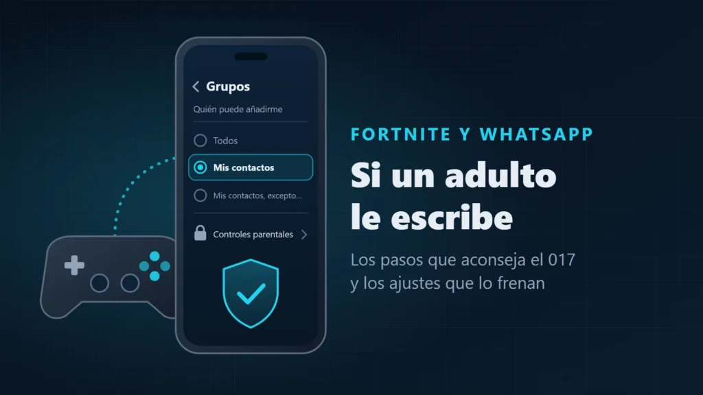 Ilustración de un mando de consola unido por una línea de puntos a un móvil que muestra el ajuste de privacidad de los grupos con «Mis contactos» marcado, un candado de controles parentales y un escudo, junto al texto «Si un adulto le escribe»
