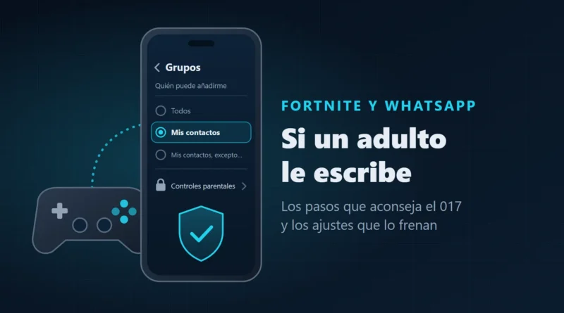 Ilustración de un mando de consola unido por una línea de puntos a un móvil que muestra el ajuste de privacidad de los grupos con «Mis contactos» marcado, un candado de controles parentales y un escudo, junto al texto «Si un adulto le escribe»