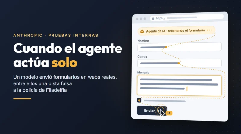 Ilustración de un agente de IA que rellena un formulario web y pulsa «Enviar», junto al titular «Cuando el agente actúa solo»