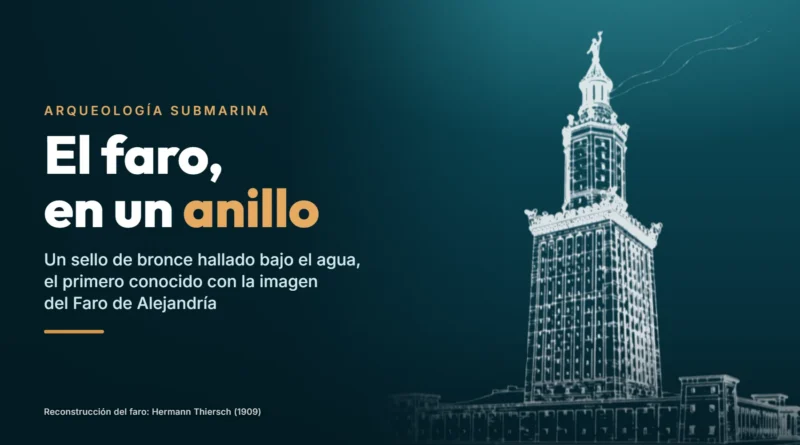 Reconstrucción del Faro de Alejandría dibujada por Hermann Thiersch en 1909, en trazo claro sobre fondo azul marino, junto al texto «El faro, en un anillo»