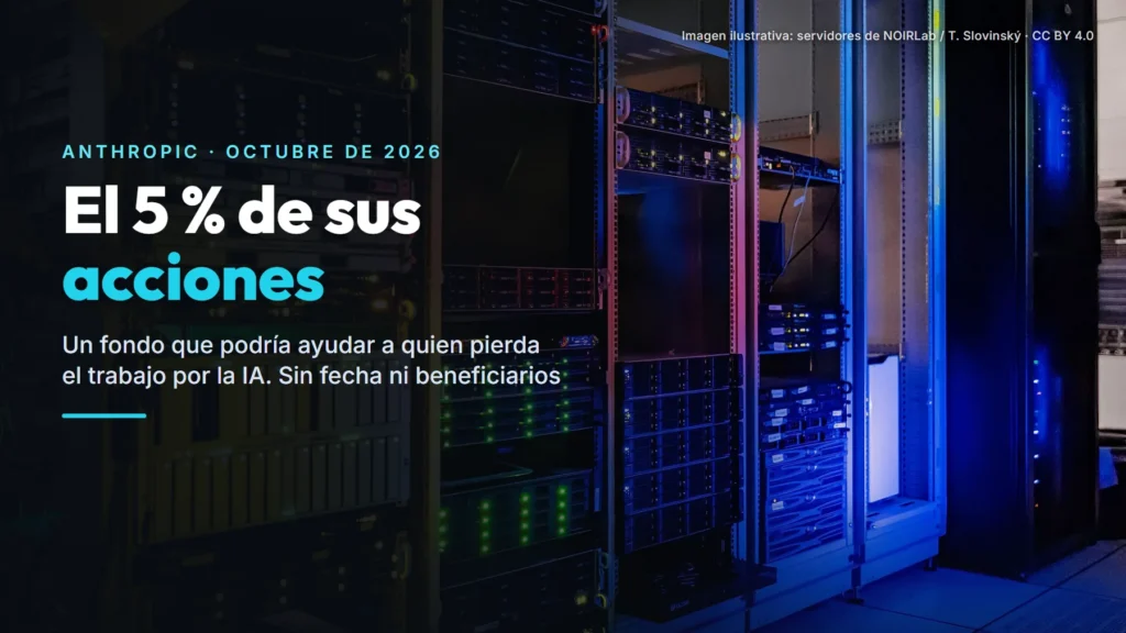 Armarios de servidores iluminados en azul, con luces verdes y amarillas, en una sala de ordenadores; sobre ellos, el texto «El 5 % de sus acciones» de Anthropic