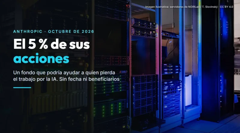 Armarios de servidores iluminados en azul, con luces verdes y amarillas, en una sala de ordenadores; sobre ellos, el texto «El 5 % de sus acciones» de Anthropic