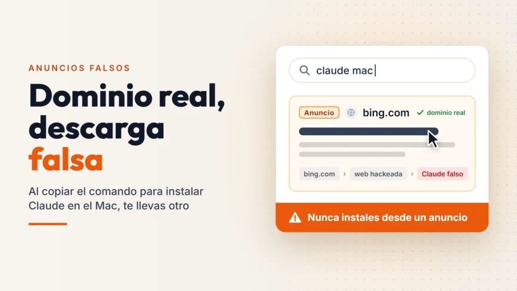 Ilustración de un anuncio en un buscador para «claude mac» que enseña el dominio bing.com y acaba en un Claude falso, con el aviso «Nunca instales desde un anuncio»