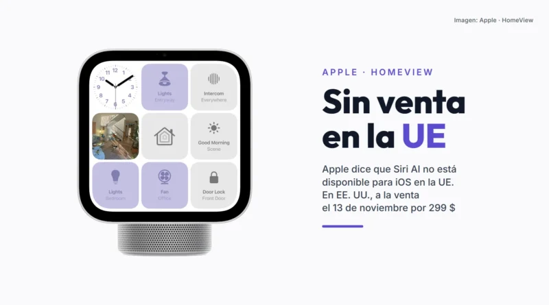 El HomeView de Apple, una pantalla con base de altavoz que muestra controles de la casa (luces, interfono y cerradura), junto al texto «Sin venta en la UE»: Apple dice que Siri AI no está disponible para iOS en la UE