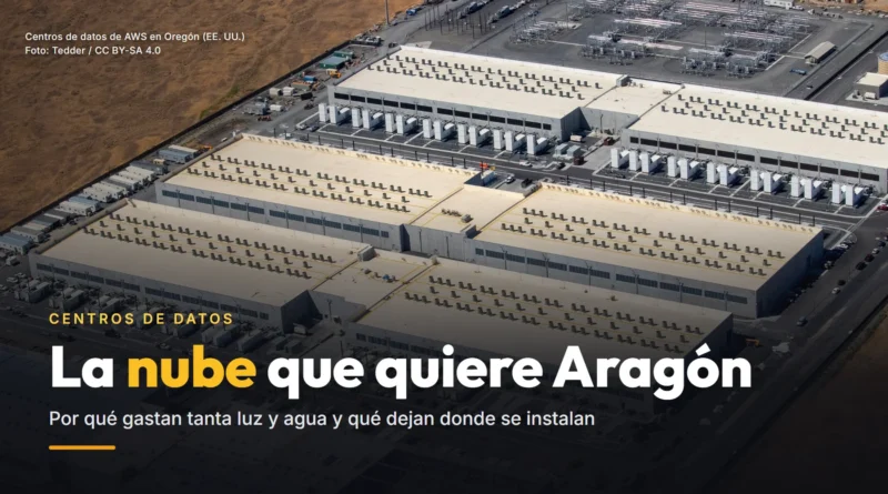 Vista aérea de varios centros de datos de AWS en Oregón (Estados Unidos), con filas de generadores y una subestación junto a un terreno seco, y el titular «La nube que quiere Aragón»