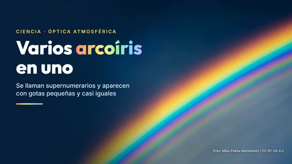 Arcoíris sobre un cielo azul oscuro con varias bandas finas verdes y moradas por dentro del arco principal, junto al titular «Varios arcoíris en uno»