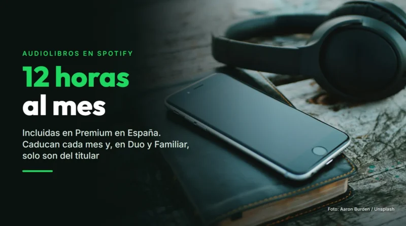 Un móvil sobre un libro con unos auriculares al lado, en una mesa de madera, junto al texto «Audiolibros en Spotify. 12 horas al mes. Incluidas en Premium en España. Caducan cada mes y, en Duo y Familiar, solo son del titular»