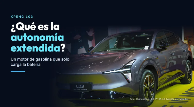 Un Xpeng L03 gris de la versión de Tailandia, expuesto en un centro comercial, visto de frente y de lado, con el texto «¿Qué es la autonomía extendida?»