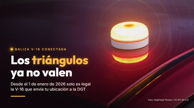Una baliza V-16 encendida sobre el techo de un coche rojo, junto al texto «Los triángulos ya no valen»