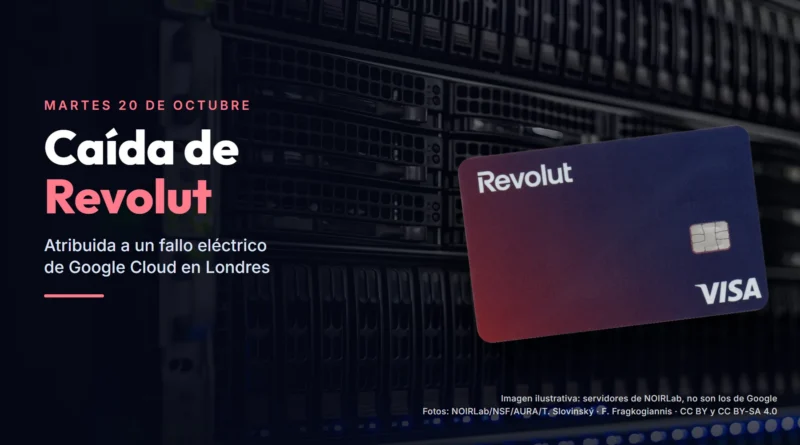 Tarjeta Revolut Visa sobre un rack de servidores de un centro de datos, con el texto Caída de Revolut