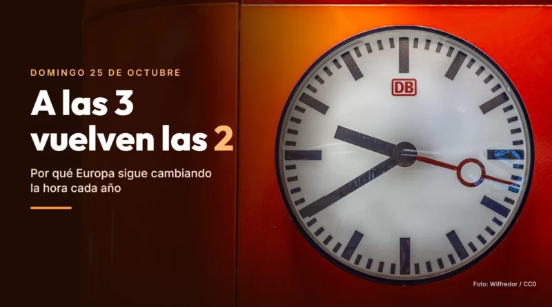 Reloj analógico de estación de Deutsche Bahn sobre un panel naranja, con el texto «A las 3 vuelven las 2»