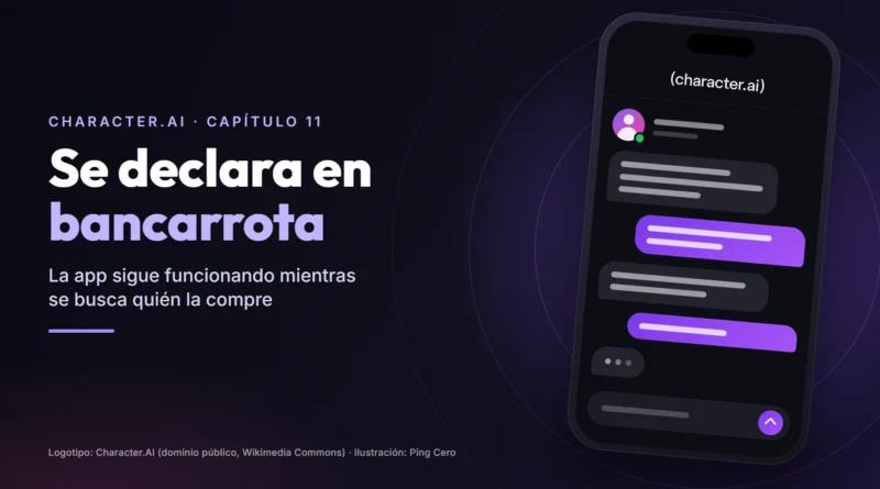 Un móvil con una conversación de chat genérica y el logotipo de Character.AI, junto al titular «Se declara en bancarrota» y la frase «La app sigue funcionando mientras se busca quién la compre»