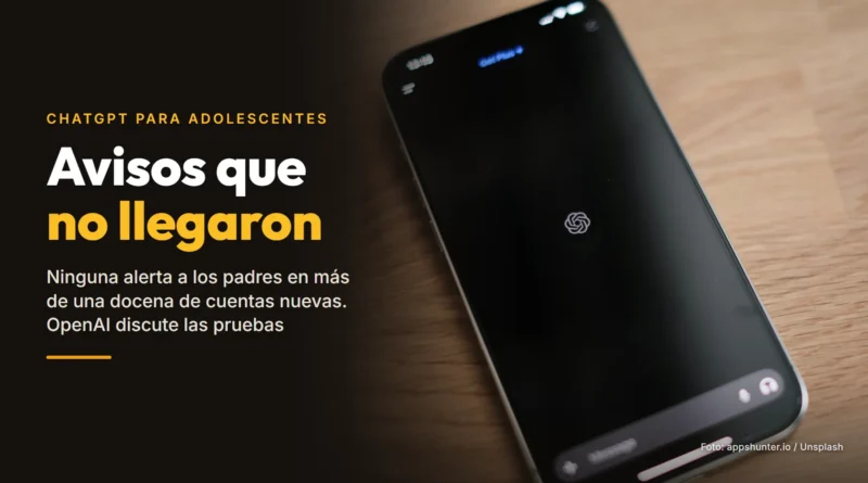 Un móvil con la app de ChatGPT abierta sobre una mesa de madera, junto al texto «Avisos que no llegaron. Ninguna alerta a los padres en más de una docena de cuentas nuevas. OpenAI discute las pruebas»