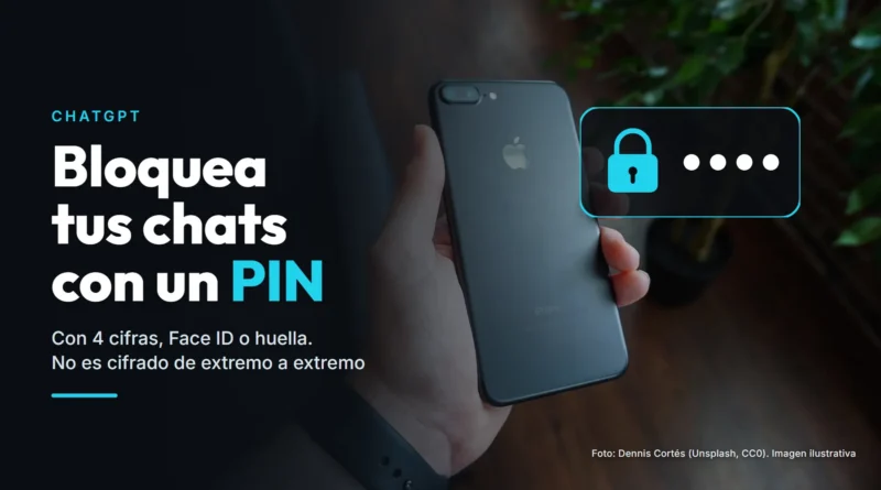 Una mano sostiene un iPhone negro por detrás; encima, un candado y cuatro puntos que representan un PIN de 4 cifras