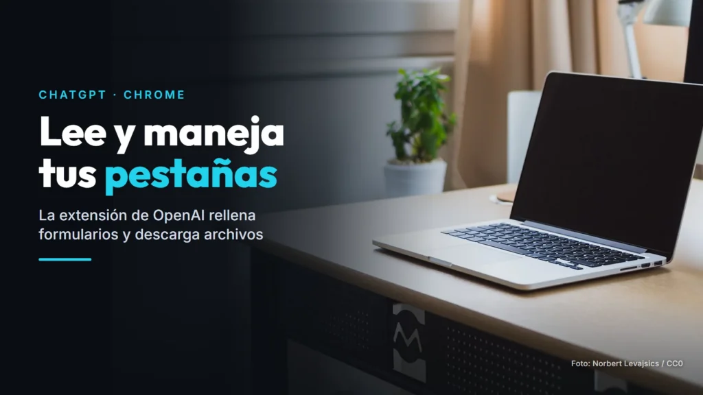 Portátil abierto sobre un escritorio de madera junto a una ventana, con el titular «Lee y maneja tus pestañas»