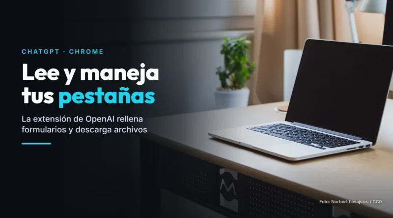 Portátil abierto sobre un escritorio de madera junto a una ventana, con el titular «Lee y maneja tus pestañas»