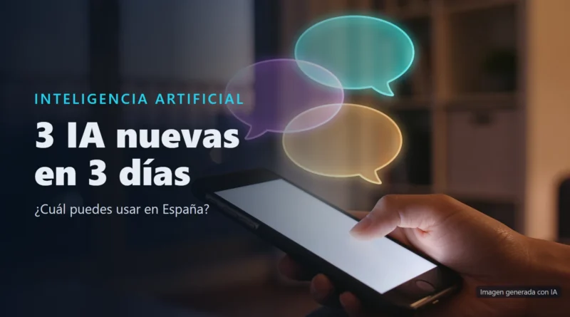 Imagen generada con IA de una mano que sostiene un móvil con tres burbujas de chat de colores flotando encima, con el texto «3 IA nuevas en 3 días. ¿Cuál puedes usar en España?»
