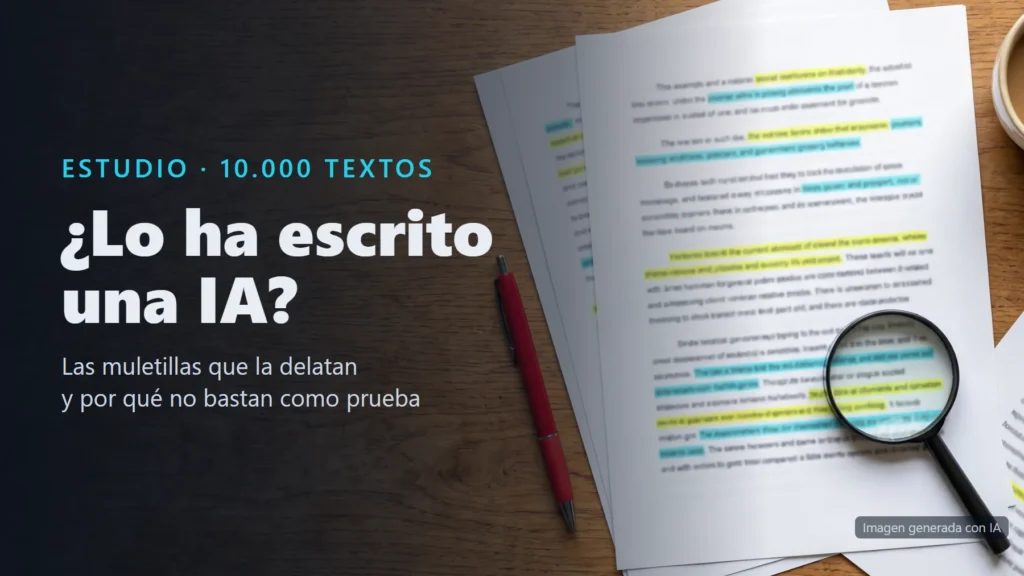 Imagen generada con IA de unas hojas impresas con frases subrayadas en varios colores, una lupa y un bolígrafo rojo sobre una mesa de madera, con el texto «¿Lo ha escrito una IA?»