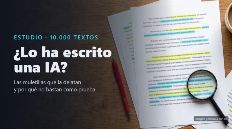 Imagen generada con IA de unas hojas impresas con frases subrayadas en varios colores, una lupa y un bolígrafo rojo sobre una mesa de madera, con el texto «¿Lo ha escrito una IA?»