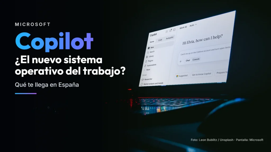 Portátil en una habitación a oscuras con el nuevo Copilot en la pantalla y el texto «¿El nuevo sistema operativo del trabajo?»