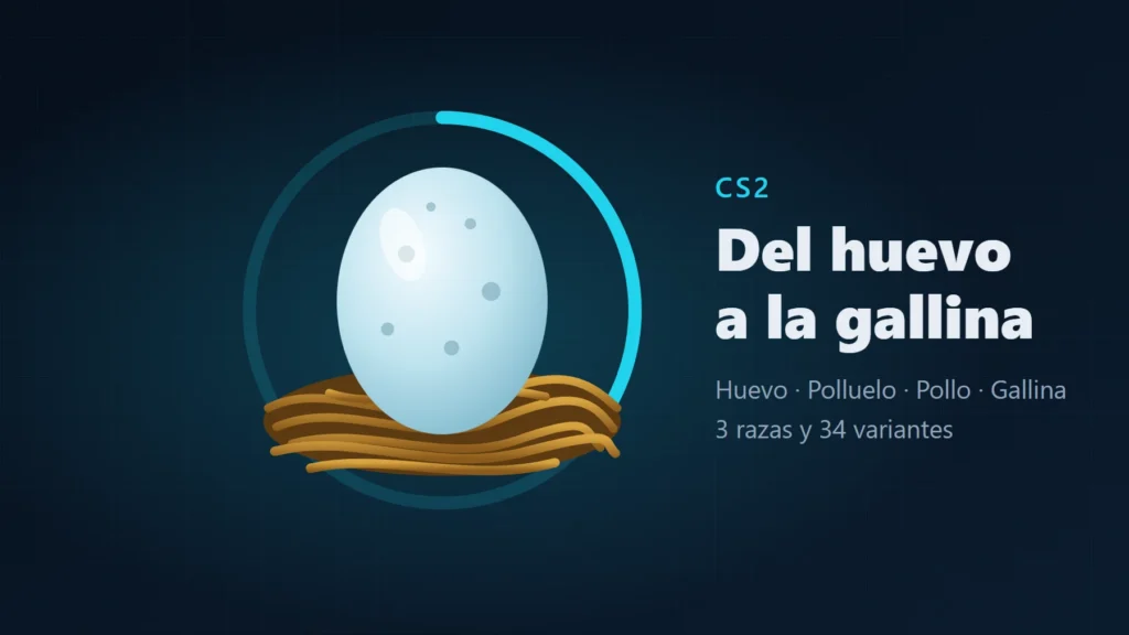 Ilustración de un huevo de gallina en un nido, rodeado por un anillo de progreso, con el texto CS2: del huevo a la gallina