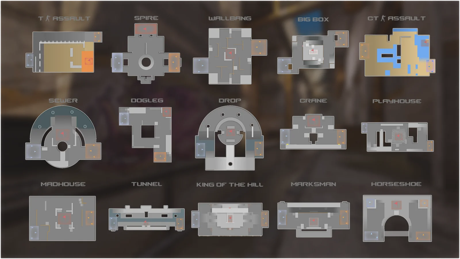 Plano de las 15 arenas de Rush en CS2, de T Assault a CT Assault, con nombres como Spire, Wallbang, Big Box, Sewer o King of the Hill