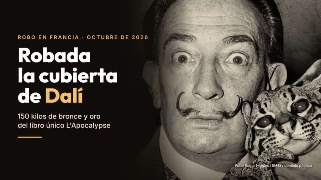 Salvador Dalí con los ojos muy abiertos y su ocelote Babou, en una foto en blanco y negro de 1965, junto al texto «Robada la cubierta de Dalí. 150 kilos de bronce y oro del libro único L'Apocalypse»