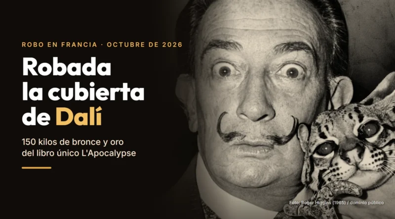Salvador Dalí con los ojos muy abiertos y su ocelote Babou, en una foto en blanco y negro de 1965, junto al texto «Robada la cubierta de Dalí. 150 kilos de bronce y oro del libro único L'Apocalypse»