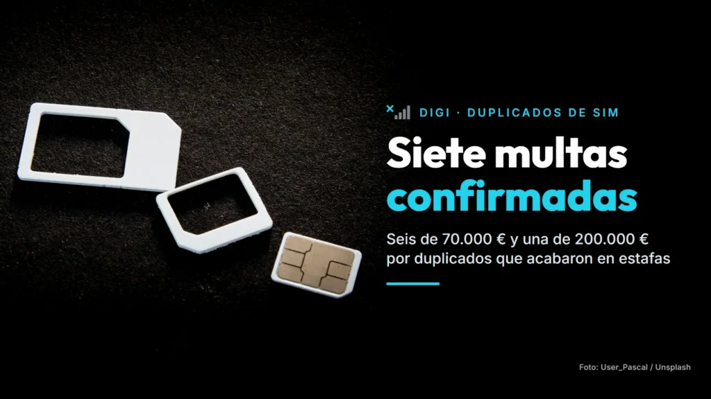 Dos adaptadores de tarjeta SIM vacíos y una nano-SIM sobre un fondo negro, junto al texto «Siete multas confirmadas» sobre los duplicados de SIM de Digi