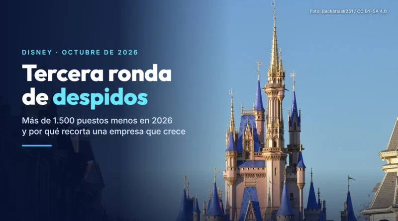 Castillo de Cenicienta en Magic Kingdom (Walt Disney World), visto desde Main Street, con el texto «Tercera ronda de despidos»
