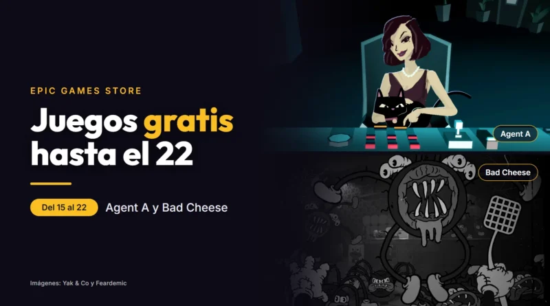 Capturas de Agent A, una villana con un gato negro en su escritorio, y de Bad Cheese, un monstruo de dibujos en blanco y negro con una matamoscas, junto al texto «Juegos gratis hasta el 22»