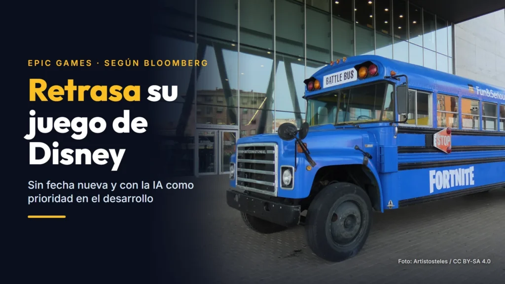 Autobús azul con el rótulo Battle Bus y el logotipo de Fortnite, aparcado ante un edificio de cristal durante un festival de videojuegos, con el titular «Retrasa su juego de Disney»