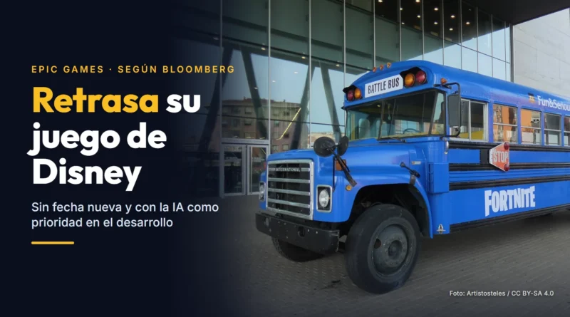 Autobús azul con el rótulo Battle Bus y el logotipo de Fortnite, aparcado ante un edificio de cristal durante un festival de videojuegos, con el titular «Retrasa su juego de Disney»