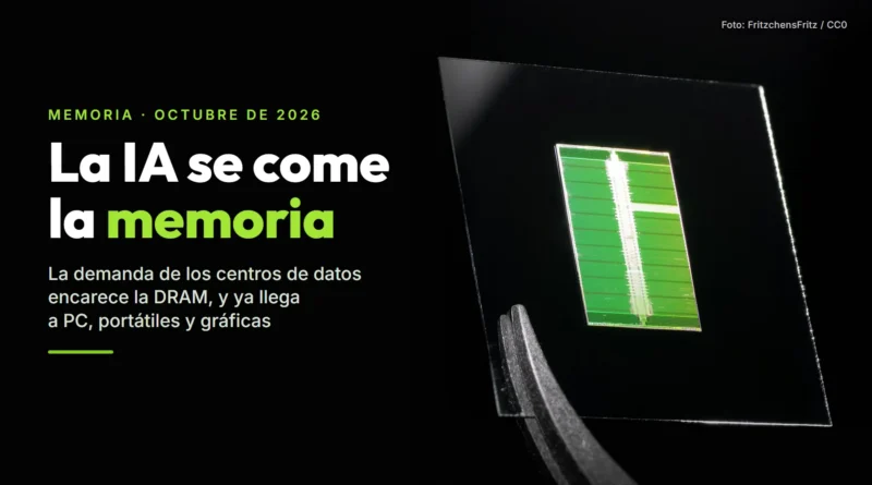 Chip de memoria HBM de una Nvidia Tesla P100 sujeto con unas pinzas sobre fondo negro, junto al titular «La IA se come la memoria»