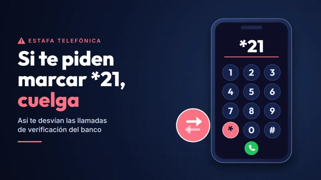 Teclado de un móvil con el código *21 marcado y una insignia de desvío de llamadas
