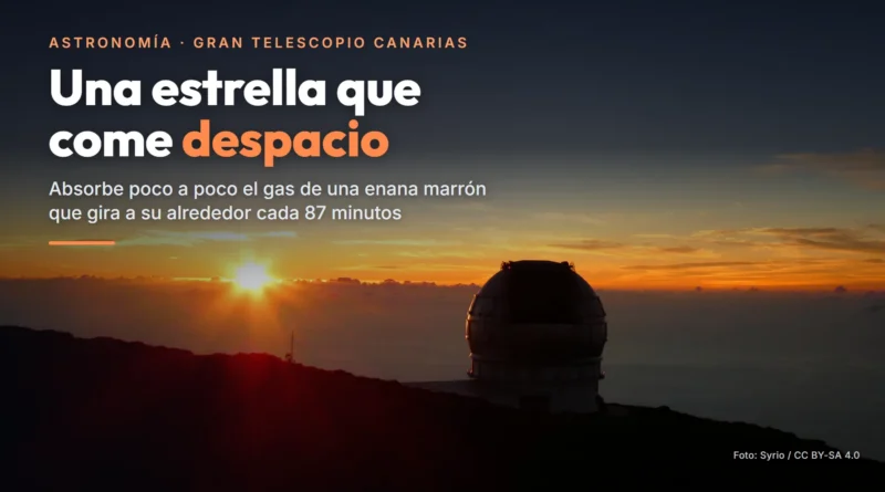 La cúpula del Gran Telescopio Canarias, en el Roque de los Muchachos (La Palma), recortada contra la puesta de sol, con el texto «Una estrella que come despacio. Absorbe poco a poco el gas de una enana marrón que gira a su alrededor cada 87 minutos».