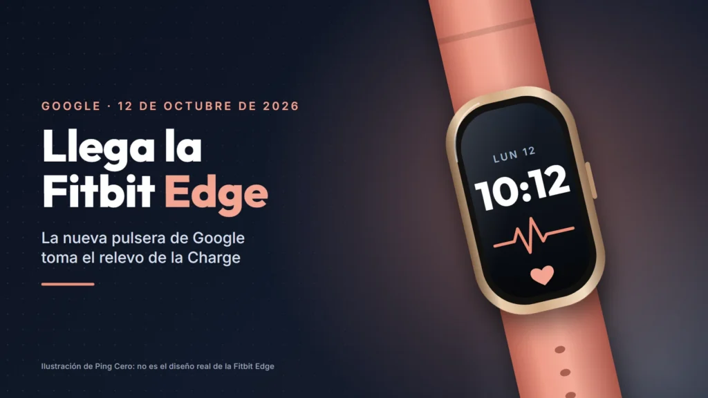 Ilustración de una pulsera de actividad dorada con correa salmón y la hora en la pantalla, junto al texto «Llega la Fitbit Edge»