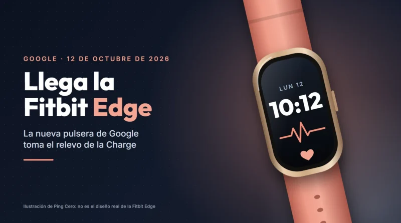 Ilustración de una pulsera de actividad dorada con correa salmón y la hora en la pantalla, junto al texto «Llega la Fitbit Edge»