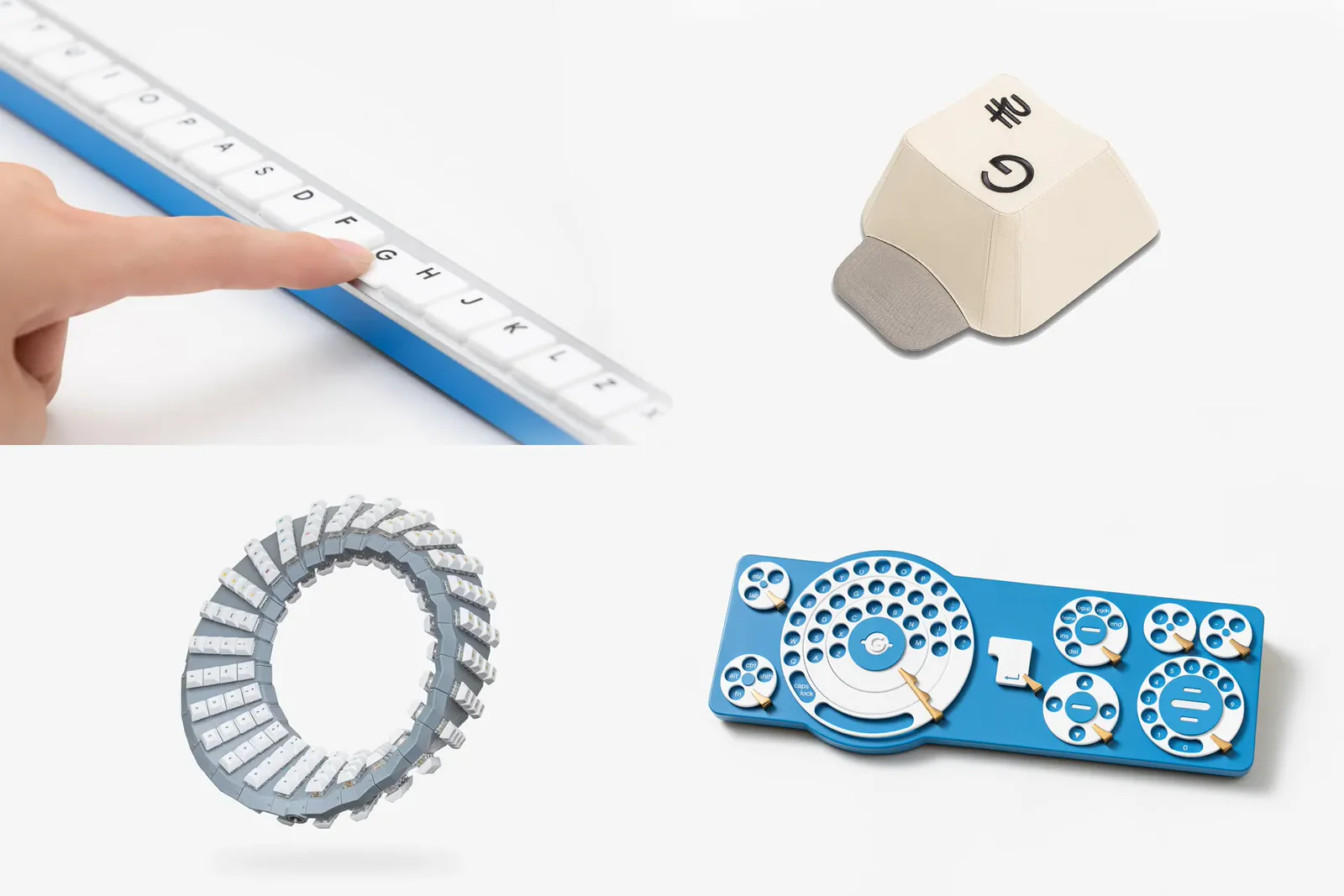 Cuatro teclados anteriores de Google Japón: una barra con todas las teclas en fila, una gorra con forma de tecla, un anillo de teclas retorcido y un teclado azul con diales