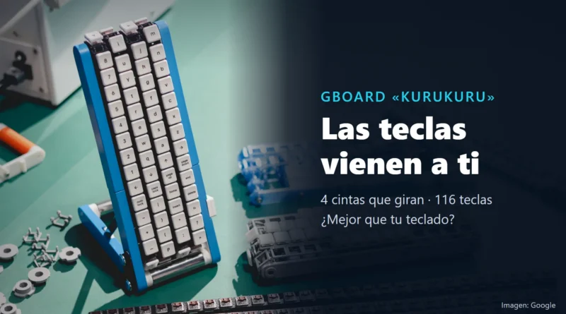 El Gboard kurukuru montado sobre una mesa de taller verde, entre piezas impresas en 3D e interruptores, junto al texto «Gboard kurukuru. Las teclas vienen a ti»