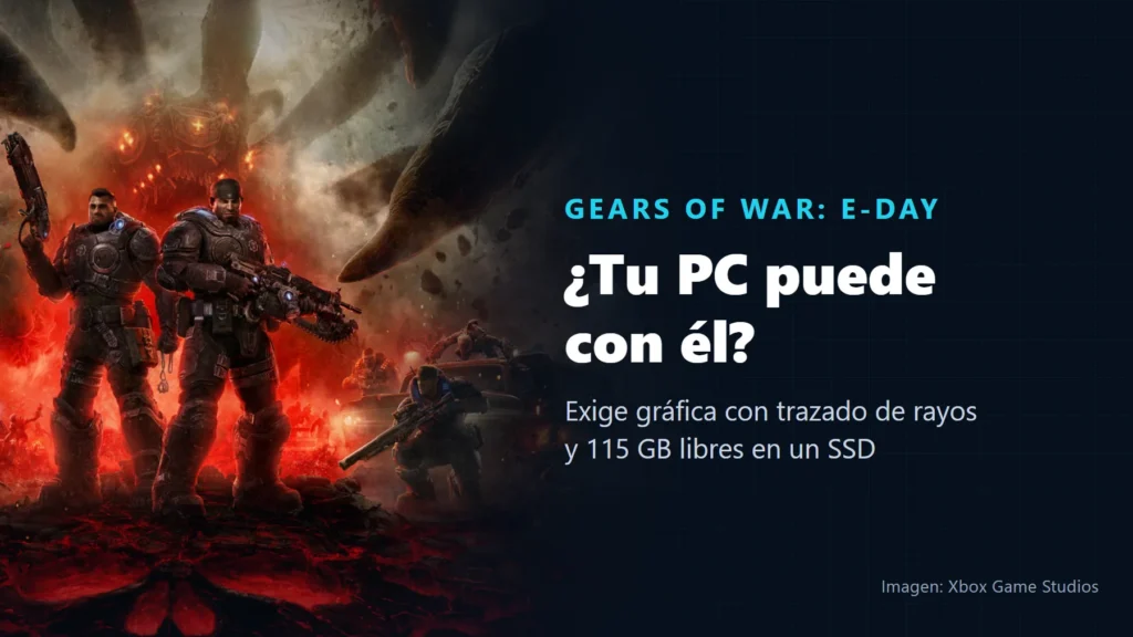 Marcus Fenix y Dom Santiago en la imagen promocional de Gears of War: E-Day, junto al texto «¿Tu PC puede con él?», que recuerda que el juego exige una gráfica con trazado de rayos y 115 GB libres en un SSD