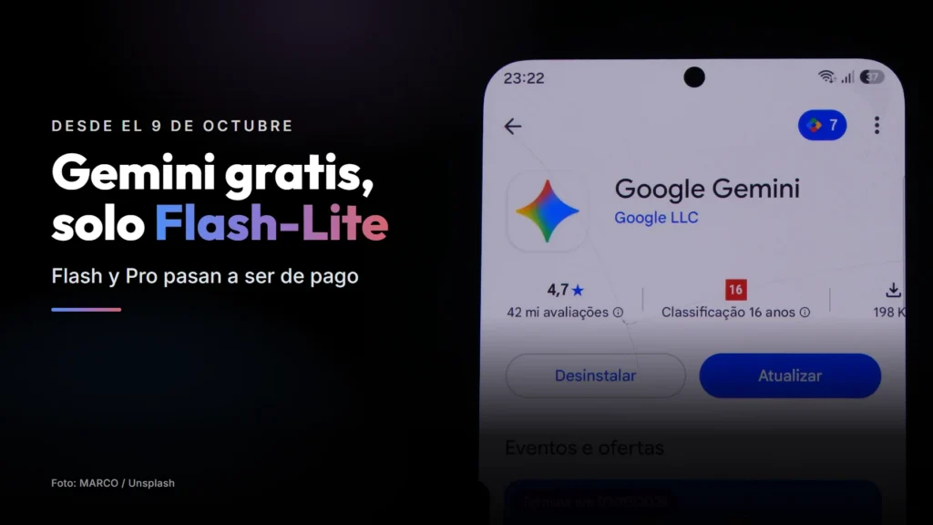 Móvil con la ficha de la app de Gemini en Google Play y el texto «Gemini gratis, solo Flash-Lite»