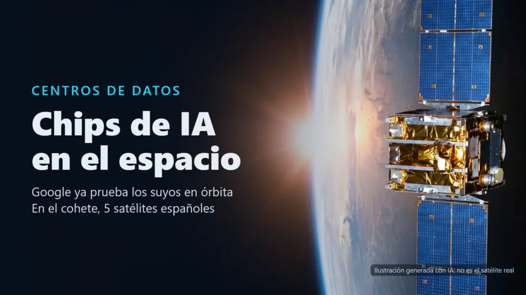 Ilustración generada con IA de un satélite con paneles solares en órbita sobre la Tierra, con el Sol asomando por el horizonte (no es el satélite real), y el texto «Chips de IA en el espacio»