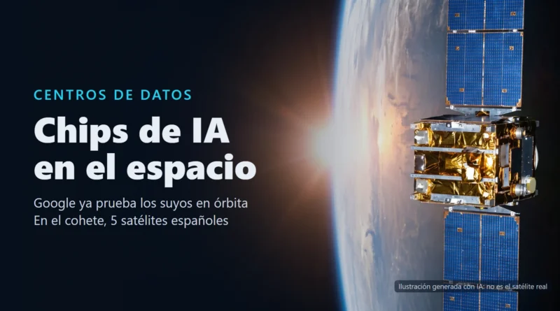 Ilustración generada con IA de un satélite con paneles solares en órbita sobre la Tierra, con el Sol asomando por el horizonte (no es el satélite real), y el texto «Chips de IA en el espacio»