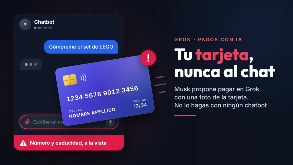 Ilustración de una tarjeta de pago genérica, con un número inventado, que entra en una ventana de chat tras el mensaje «Cómprame el set de LEGO», con el aviso «Número y caducidad, a la vista»