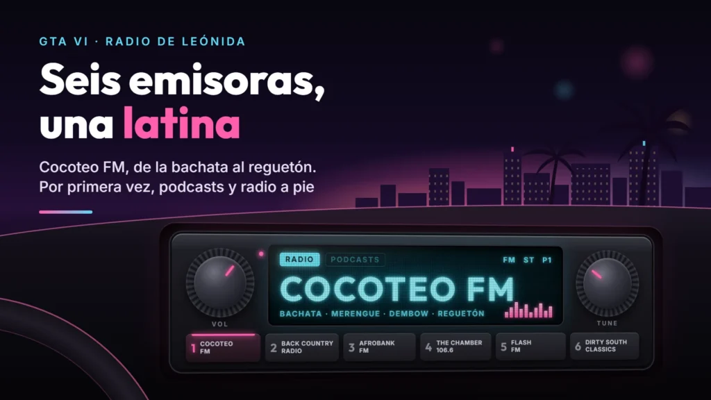 Ilustración de la radio de un coche de noche, con Cocoteo FM en la pantalla y las seis emisoras de GTA VI en los botones, junto al texto «Seis emisoras, una latina»
