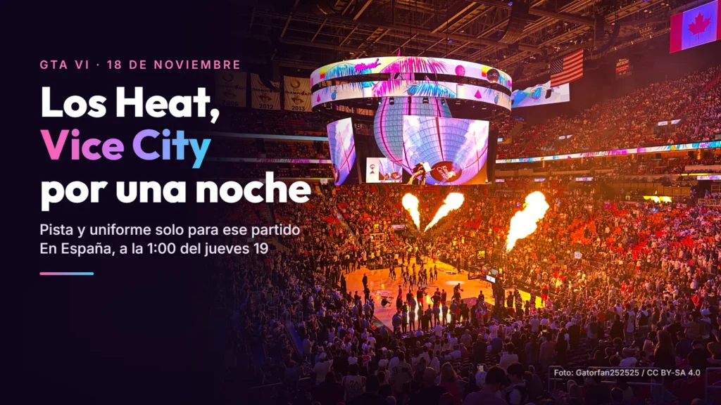 Pabellón de los Miami Heat lleno, con llamaradas y pantallas rosas, y el texto «Los Heat, Vice City por una noche»
